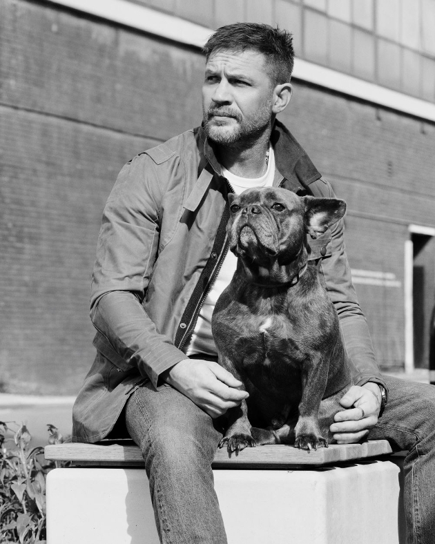 Tom Hardy on a wall with his dog sat down